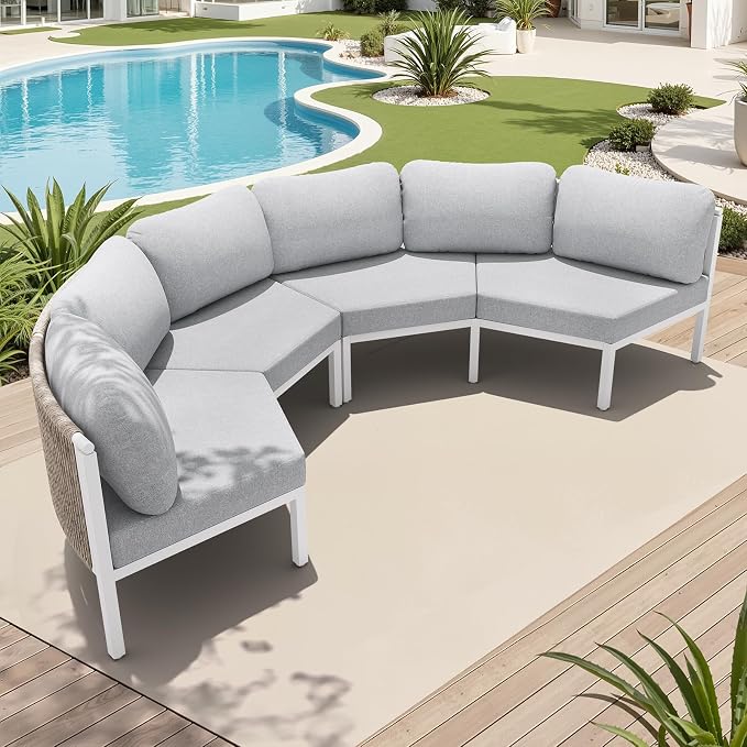 Crestlive Products Curved Patio Furniture Set, Modular Half Moon 4-Seater Sofa, Aluminum Outdoor Sectional with 5-Inch Water-Resistant Cushions, All Weather Couch for Backyard, Porch, Light Grey