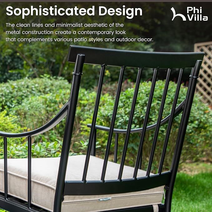 PHI VILLA 7 Piece Patio Dining Set, Rectangular Metal Table | Metal chairs, Fixed Chair, 13ft Large Beige Umbrella, 1.57" umbrella hole, Cushions, powder-coated
