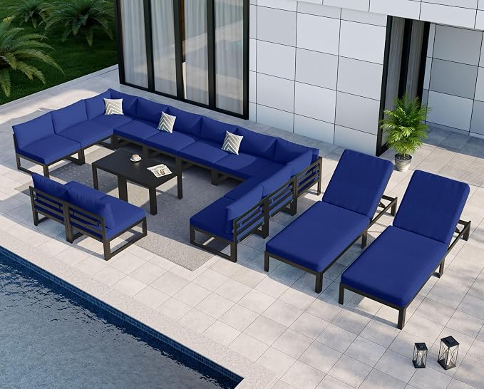 NICESOUL 16 Pcs Large Modern Aluminum Patio Furniture Set, All Weather Modular Sectional Sofa with Chaise & Coffee Table, 500 lbs Heavy Duty Comfy Outdoor Couch for Poolside Backyard, Navy Blue