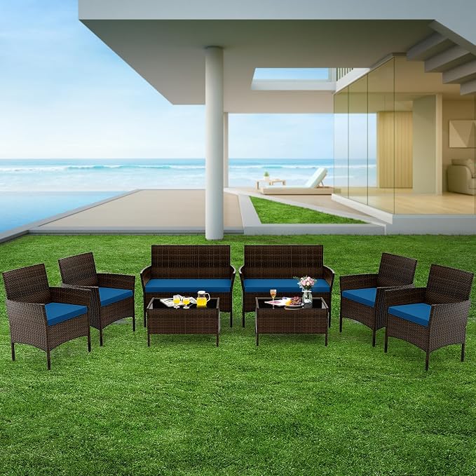 4 Piece Patio Furniture Set, Sectional Conversation Sofa Set with Glass Coffee Table, Cushions & Loveseat, Wicker Outdoor Table and Chairs for Pool, Garden, Deck, Backyard (2, Peacock Blue)