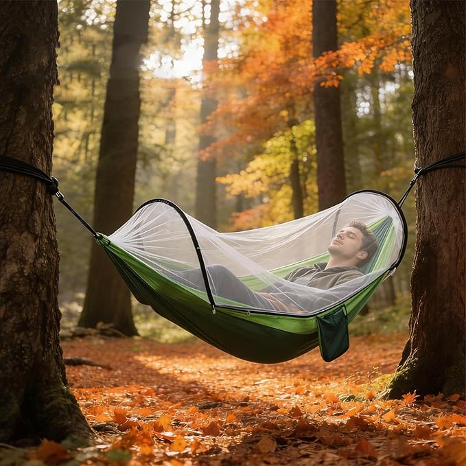 Heavy Duty Hammock with Mosquito Net–Canvas Hammock, Fade-Resistant Cotton Lounger, Roll-Free Comfort Design, Easy Setup for Backyard, Porch, Garden, Camping, Travel (Army Green)