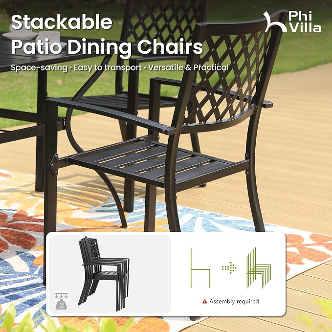PHI VILLA Patio Dining Set, 4 Stackable Chairs w/Square Metal Table | 37" square metal table w/ 1.57" umbrella hole. Rust-resistant e-coated frame. Easy assembly. Perfect for patio,deck