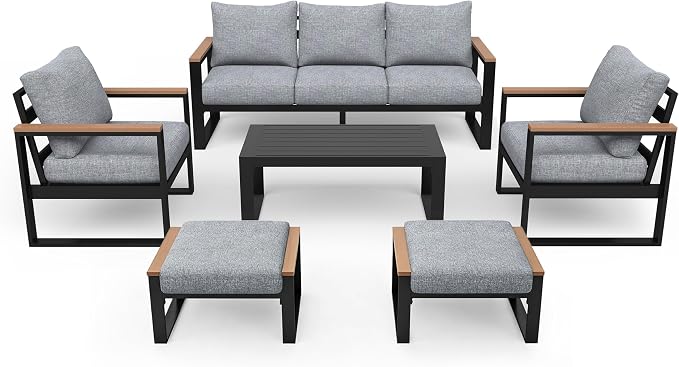 Sundale Outdoor Aluminum Patio Furniture Set, 6 Piece Outdoor Conversation Sets with Coffee Table and 6" Thick Olefin Cushions, All Weather Outdoor Sectional Set for Deck, Lawn, Yard