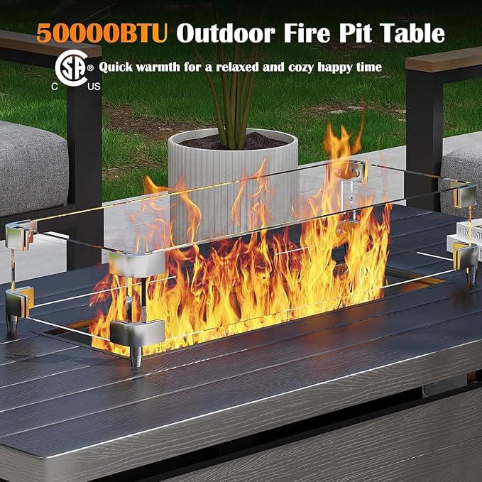 Sundale Outdoor Aluminum Patio Furniture Set, 6 Piece Outdoor Conversation Sets with Fire Pit and 6" Thick Olefin Cushions, All Weather Outdoor Sectional Set for Deck, Lawn, Yard