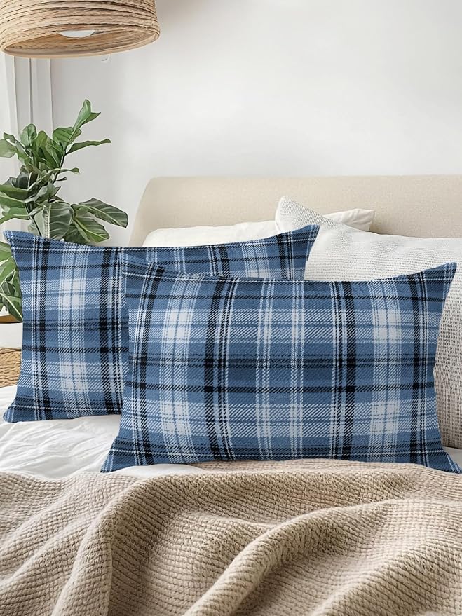Waterproof Outdoor Pillow 1 Pack Blue Checked Plaid Decorative Throw Pillows Cover & Insert 20x12 Inch Lumbar Pillowcase Stripes Woven Grid Pillows for Couch Sofa Bed Patio Furniture Indoor Outdoor