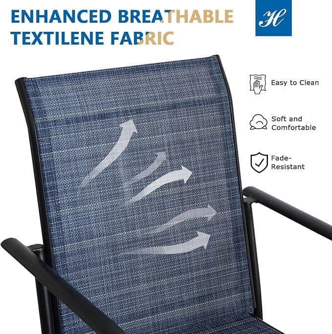 5 Piece Patio Dining Set for 4, 37.5” Black Square Table with Umbrella Hole and 4 Dark Blue Patio Stackable Chairs, Patio Table and Chairs for Backyard, Lawn, Deck & Garden