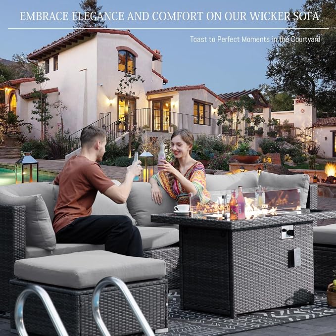 BULEXYARD 13 Piece Large High Back Grey Rattan Patio Furniture Set with Natural Gas/Propane Fire Pit and Lounge Chaise, Luxury Comfy Deep Wide Seat Outdoor Sectional Conversation Sofa Sets, Light Gray