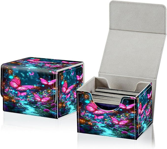 Card Deck Box for MTG, Cards Storage Box Fits 120+ Sleeved, Leather Small Size Strong Magnetic Closing Card Case for Board Games Magic TCG CCG Baseball Collection, Pink Butterfly Forest