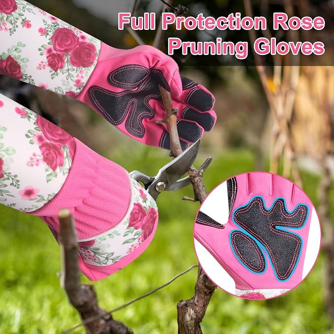 DLY Garden Gloves for Women,Gardening Gloves,Garden Gift for Lady,Blue,XL | Lightweight Microfiber Leather, Breathable Long Cuff, 3-Finger Touchscreen, Pink Rose Print, Pruning, Planting & Yard Work