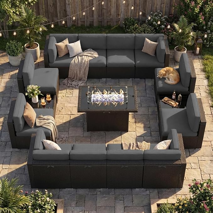 15 Pieces Patio Furniture Set with 44" Propane Gas Fire Pit Table, Outdoor Sectional Wicker Conversation Sofa Sets with Coffee Table