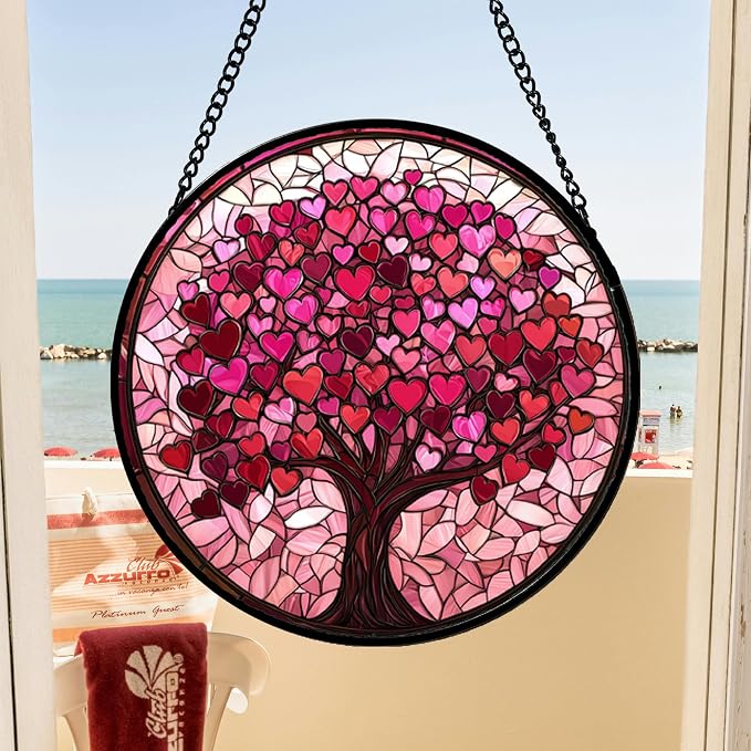 Stained Glass Window Hanging, Birthday Gifts for Women Mom Grandma Nana Wife Couple, Pink Love Tree Suncatcher for Doors Window Home Sun Catchers Gifts Decor 14.9 in