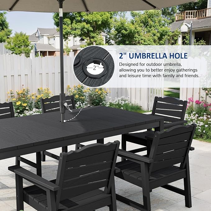 7-Piece Patio Dining Sets, Outdoor Dining Table w/Aluminum Frame and 6 Chairs, Weatherproof HIPS Dining Furniture Set with Umbrella Hole, for Backyard, Garden, Lawn, and Poolside, Black