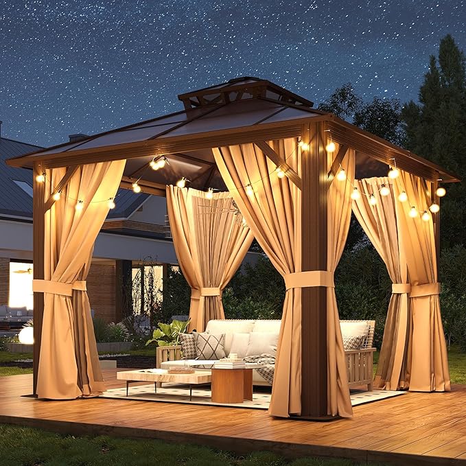 10’x10’ Hardtop Gazebo with Double Polycarbonate Roof Outdoor Metal Gazebo Sturdy Aluminum Frame & Removable Curtains, Netting Permanent Pavilion Pergola for Garden,Patio,Lawn (Brown)
