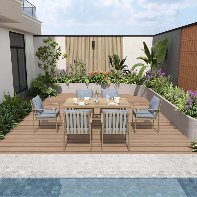 7-Piece Outdoor Dining Set for 6, Aluminum Dining Set with Cushions, 6 Dining Chairs with Rope Backrest, Large Rectangular Table with Umbrella Hole, Patio Dining Set for Lawn Porch Yard,Brown