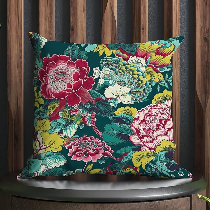 Chinoiserie Red Peony Floral Pillowcase Green and Pink Throw Pillow Cover Farmhouse Farmhouse Decor Pillow for Couch Tent Park 18x18 in
