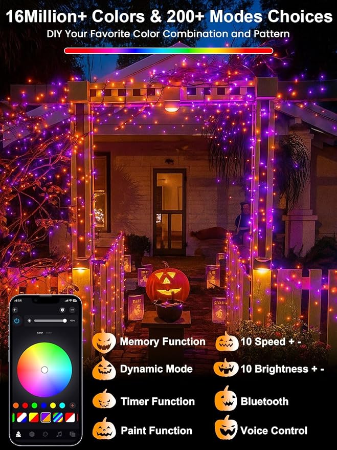400 LED Smart Color Changing Fall String Lights APP & Remote for Halloween | 131 FT Halloween Twinkle Lights IP44 Waterproof, Timer, Music Sync, Multiple Colors & Modes Outdoor Christmas Fall Decoration