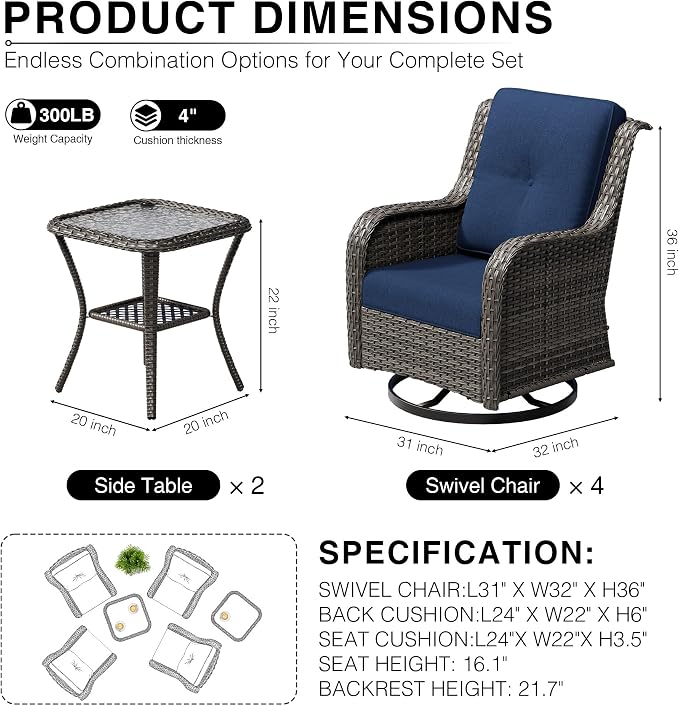 Joyside 6 Piece Wicker Patio Furniture Set, Outdoor Swivel Rocker Patio Chairs with High Back, Deep Seating, Wide Armrest, Thickened Cushions, Outdoor Furniture for Deck, Porch Use