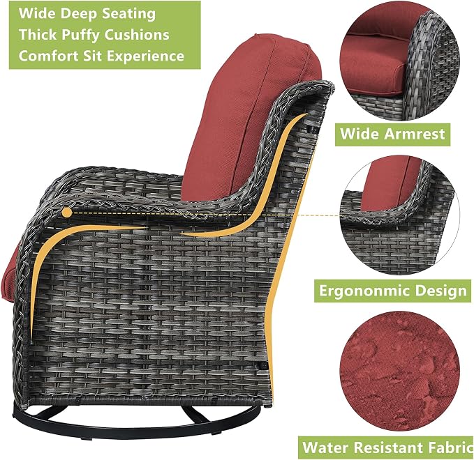 Rilyson Wicker Patio Furniture Set - 5 Piece Rattan Outdoor Sectional Conversation Sets with 2 Rocking Swivel Chairs,2 Ottomans and 1 Loveseat for Porch Deck Garden(Mixed Grey/Red)