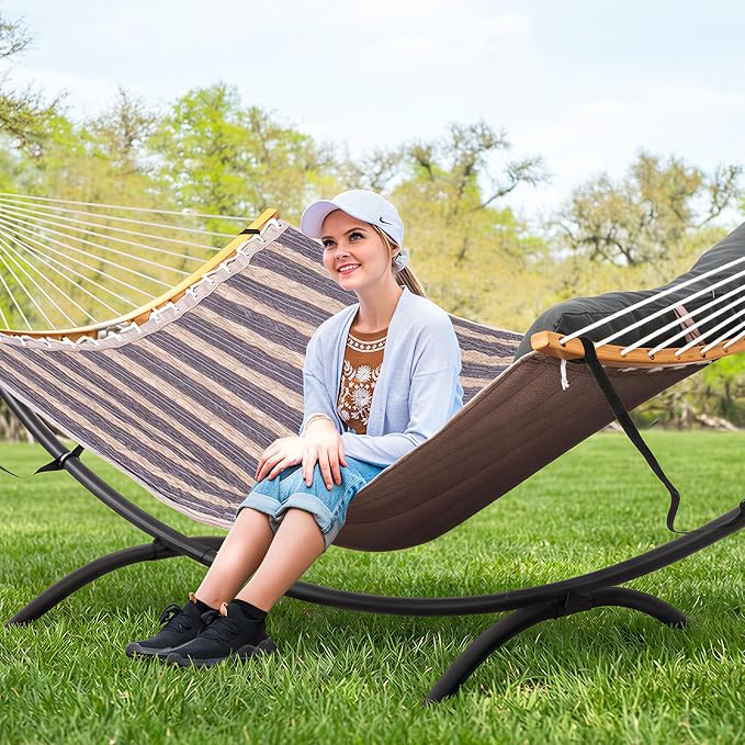 SUNCREAT Hammocks for Outside with Stand, Porch Hammock and Stand, 475 lbs Capacity, Patent Pending, Gray Stripes