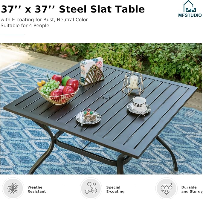 MFSTUDIO 5 Piece Patio Dining Set for 4, Outdoor 37" Square Dining Table with Cushioned Chairs, Deck Dining Furniture Set with Umbrella Hole, Wicker Chairs and Table for Porch, Backyard