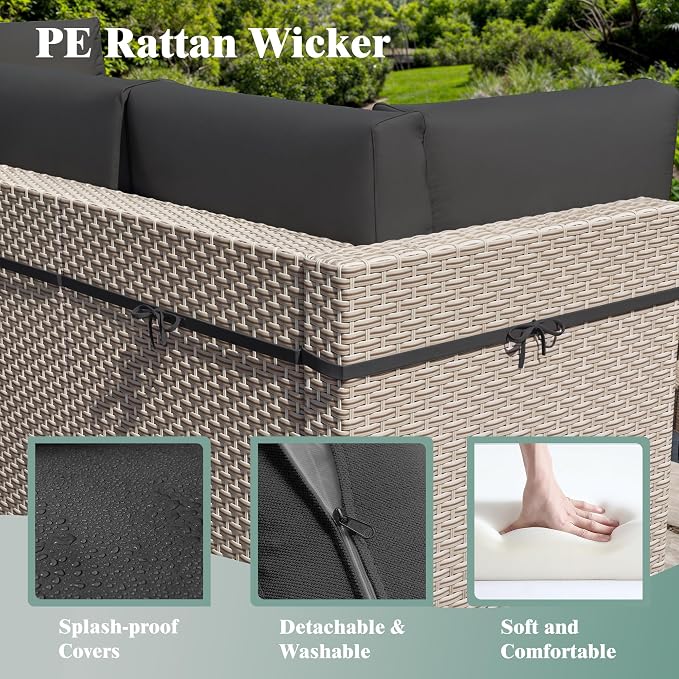 18 Pieces Patio Furniture Set with Fire Pit Table, Outdoor Sectional Wicker Sofa with Thick Cushions, High Back Swivel Rocker Patio Chairs, Rattan Conversation Set with Coffee Table, Black