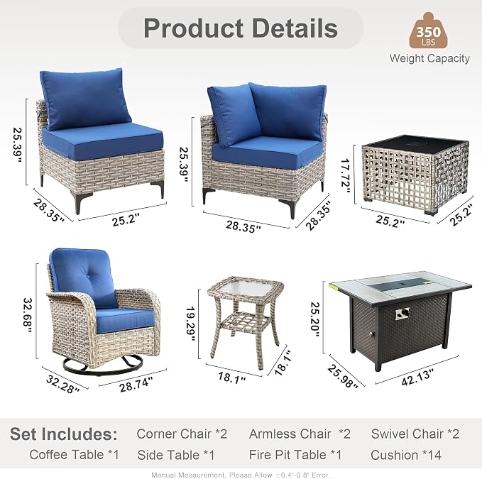 Outdoor Sectional Patio Furniture Set with Fire Pit Table,9 Pieces Rattan Wicker Conversation Sets L Shaped Couch,Outside Furniture with Swivel Chairs Glowing Coffee Table,Navy Blue