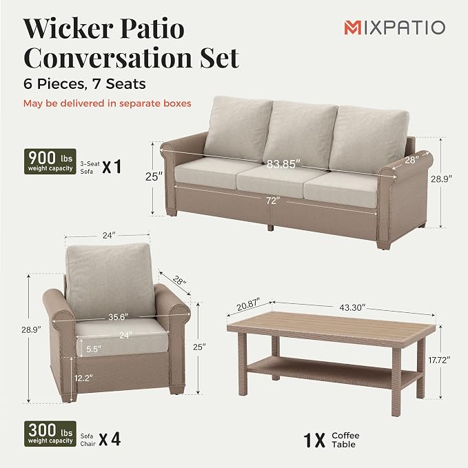 MIXPATIO Patio Furniture Set 6 pcs, Wicker Outdoor Patio Furniture, 3-Seat Sofa, 4 Single Sofas and Coffee Table, Rattan Outdoor Conversation Set for Backyard Deck, Beige