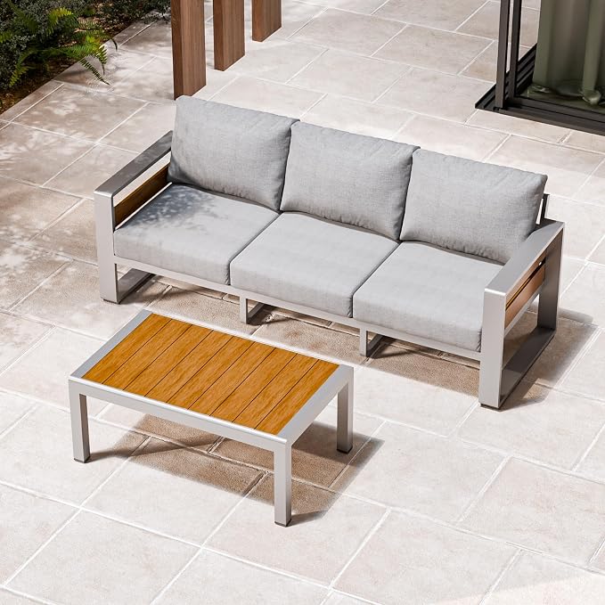 ZANDOR Aluminum Outdoor Patio Furniture Set with Coffee Table, 3 Seats Patio Conversation Sets with Washable Thick Cushions, Outdoor Sectional for Porch, Backyard, Deck, Garden & Poolside, Silver