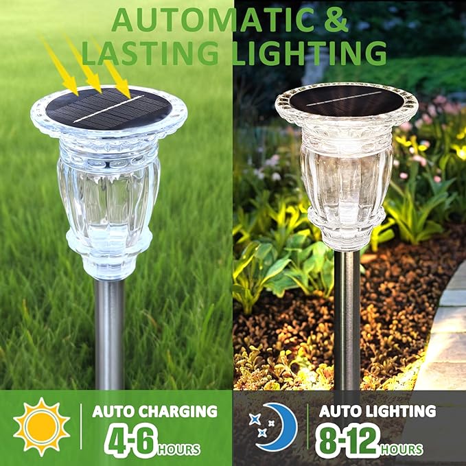 Solar Pathway Lights Outdoor 6 Pack, Warm White Solar Garden Lights, 17.5" IP65 Waterproof Glass Stainless Steel Tungsten Solar Powered Landscape Lights for Yard Walkway Driveway Patio Lawn Flower Bed