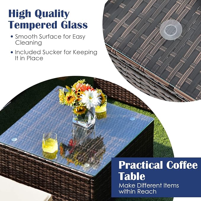 HAPPYGRILL 6 Pieces Outdoor Patio Furniture Set, PE Rattan Conversation Set with Tempered Glass Coffee Table and Cozy Cushions, Weather Resistant Sectional Sofa Set, White