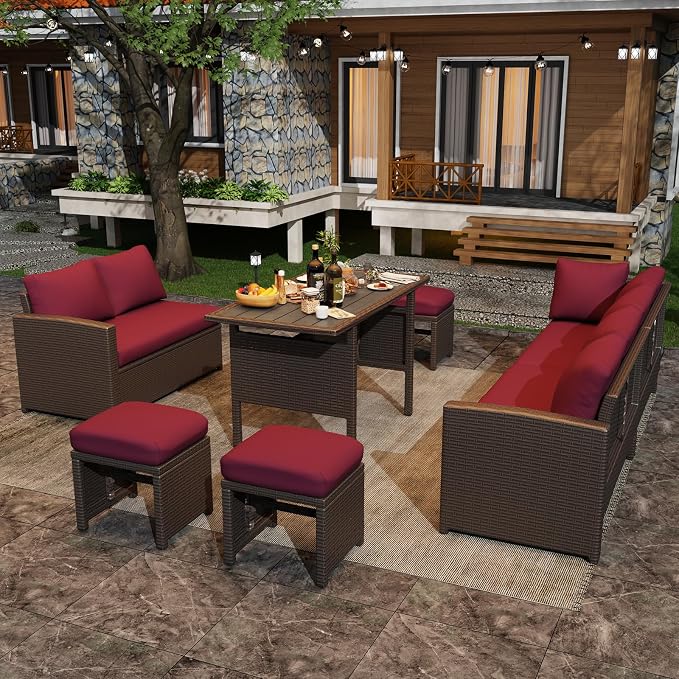 U-MAX 7 Pieces Patio Furniture Set with Waterproof Cover, Outdoor Sectional Sofa Conversation Set, All Weather Wicker Rattan Dining Table & Chair with Ottoman, Brown Rattan&Wine Red Cushion