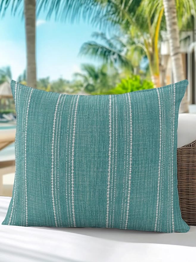Waterproof Outdoor Pillow 1 Pack Teal Linen Stripes Decorative Throw Pillows Cover & Insert 18x18 Inch Pillowcase Parallel Vertical Lines Pillows for Couch Sofa Bed Patio Furniture Indoor Outdoor