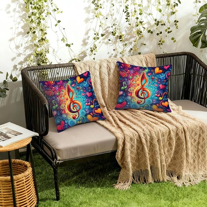20x20 Inch Outdoor Pillow Covers Set of 2 Waterproof Throw Pillow Covers Decorative Couch Cushion Covers Music Note Hearts Neon Square Pillowcases Protectors for Patio Garden Sofa