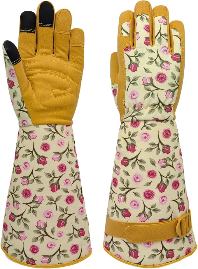 Thornproof Rose&Cactus Gardening Gloves,Gauntlet Garden Glove,Gifts | Canvas,Cute Floral Pattern,Leather Palm,Touchscreen,Durable Material,Garden Gift,Men&Women,Machine Washable,Adjustable Cuff