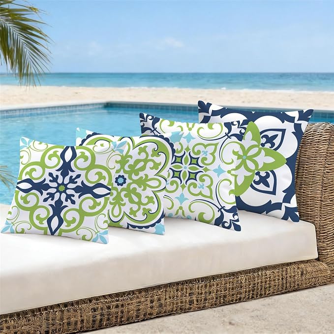 NIGHTWISH Outdoor Waterproof Pillow Covers 20x20 Set of 4 Green Boho Decorative Outdoor Throw Pillows Floral Cushion Cases for Patio Furniture Bench Couch Sunbrella