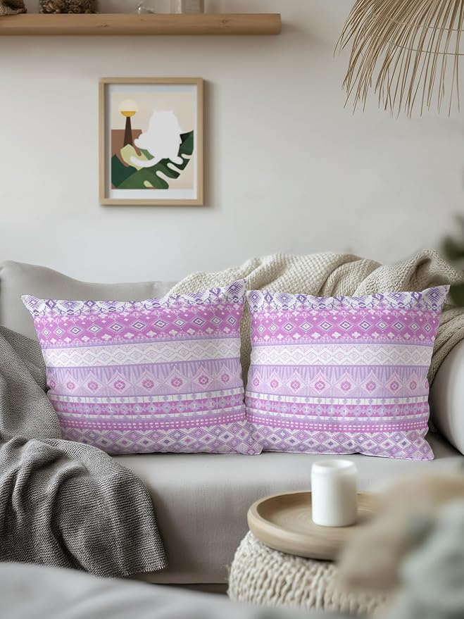 Waterproof Outdoor Pillow Set of 2 Purple Bohemian Decorative Throw Pillows Cover & Insert 16x16 Inch Pillowcase Boho Style Floral Leaves Geometric Pillows for Couch Sofa Bed Patio Furniture
