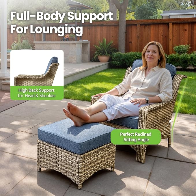 2 Piece Patio Furniture Set, Outdoor Wicker Chairs Set of 2 with Thick Cushion, Heavy Duty High Back Comfortable Chair for Small Balcony Porch Garden, Denim Blue