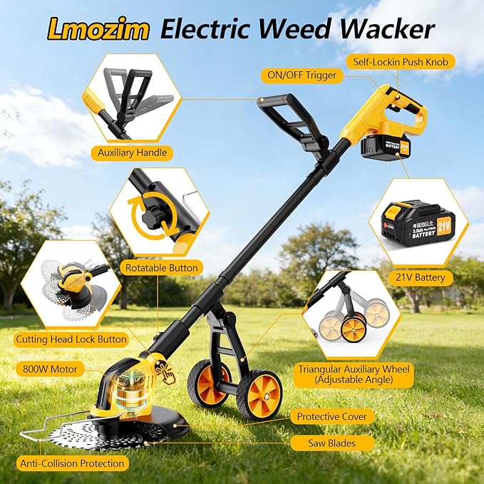 20000RPM Cordless Electric Weed Wacker, 12" Brushless Cordless String Trimmer, 4 in 1 Weed Eater/Brush Cutter/Weed Trimmer with 2*Batteries Powered & Auxiliary Wheels, Grass Trimmer for Yard Care