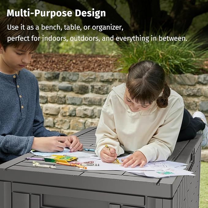 EAST OAK 120 Gallon Outdoor Storage Box | Large Resin Deck Box with Reinforced Stainless Steel Support | Waterproof & UV-Resistant Patio Storage Box for Cushions, Garden Tools & Pool Accessories, Grey