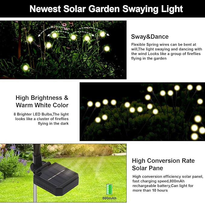 Firefly Lights Solar Outdoor, 8 Modes 800mAh Swaying Solar Firefly Garden Lights Stakes Outdoor Waterproof for Outside Yard Patio Plant Christmas Holiday Garden Decor Warm White(4 Pack)