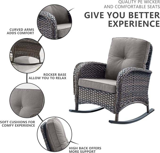 Belord 6 Pieces Outdoor Patio Furniture Set with Wicker Rocking Chairs, Rattan Patio Conversation Set with Glider Loveseat Ottomans and Side Table Brown/Grey