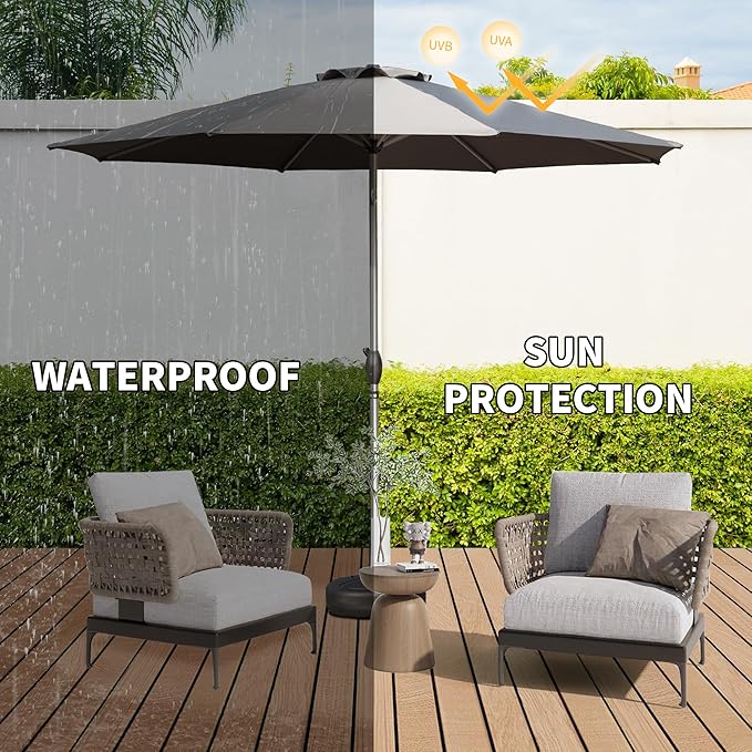 Domi 9FT Patio Umbrella, Outdoor Table Umbrella with Aluminum Pole, UV Protection Waterproof Market Sun Umbrella with Push Button Tilt and Crank for Garden, Deck, Backyard, Pool (Gray)