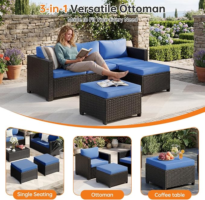 LazySunsets 7-Piece Outdoor Patio Furniture Set, Rattan Outdoor Sectional with Thick Waterproof Cushions, Wicker Ottomans & Waterproof Cover, Patio Conversation Set for Garden, Backyard,Navy Blue