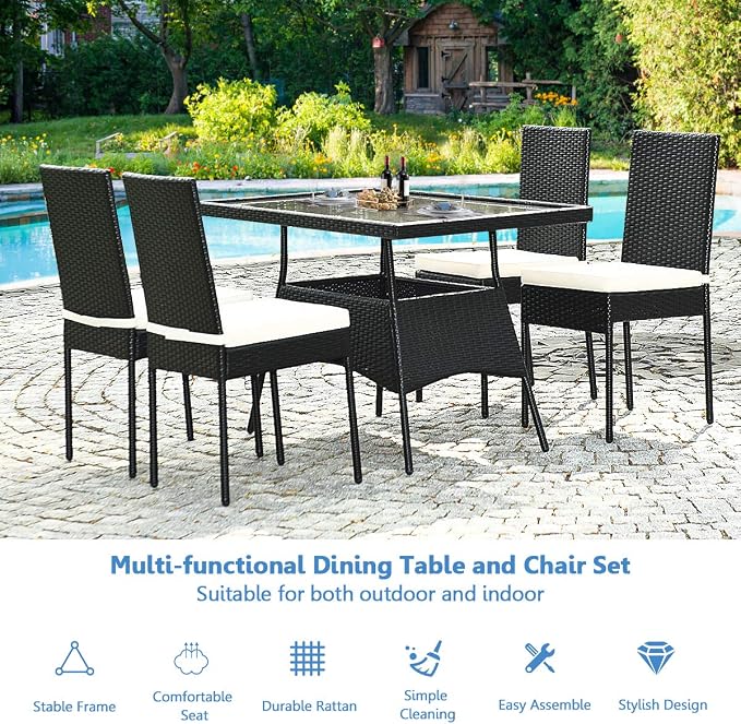 5 Pieces Patio Wicker Dining Set Outdoor Furniture, Outdoor Rattan Table and Chairs with Tempered Glass Table-top & Padded Cushions, Patio Furniture Sets for Backyard, Balcony (Black)
