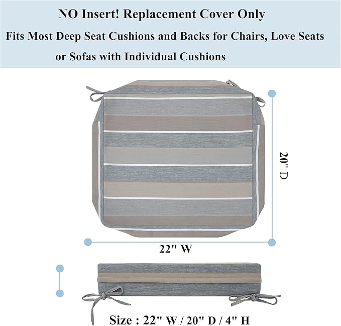 FUNHOME Outdoor Patio Cushion Covers 22 x 20 x 4 Inch, No Insert! 2 Pack Water Repellent Outdoor Chair Cushion Covers with Zipper and Tie, Patio Cushion Slipcovers Replacement Cover Only(Grey Stripe)