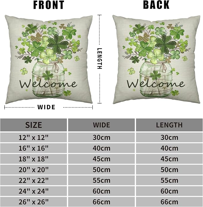St Patricks Day Pillow Covers 18x18 Set of 2 Shamrock Pillow Case Clover Vase Decorative Pillow Covers Spring Cotton Linen Cushion Case for Living Room Outdoor Bedroom