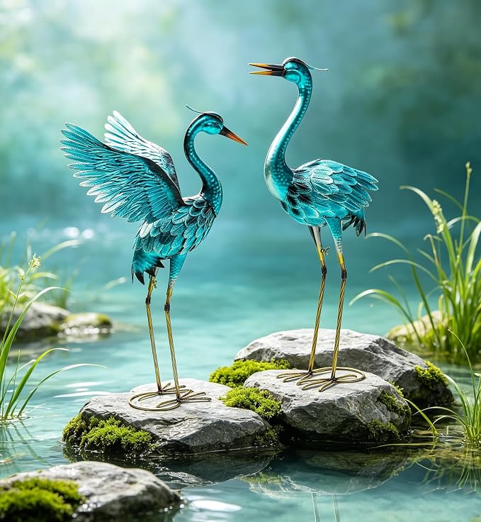36.8" Metal Crane Garden Statue, Oversized Heron Yard Decor | Handcrafted with 3DTexture, Hand-Painted, U-ground Stakes for Stability, Weather Resistant Iron, Backyard Lawn Pond Patio
