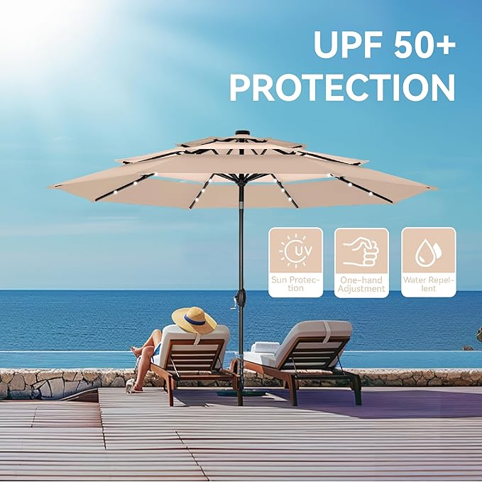 GREEN PARTY 10ft Patio Umbrella with Solar Lights, Auto-Tilt Lighted Market Table Umbrellas with Crank, 8 Sturdy Ribs & 1.5" Pole outdoor umbrellas for Patio Garden Deck Backyard Pool, Beige & Tan