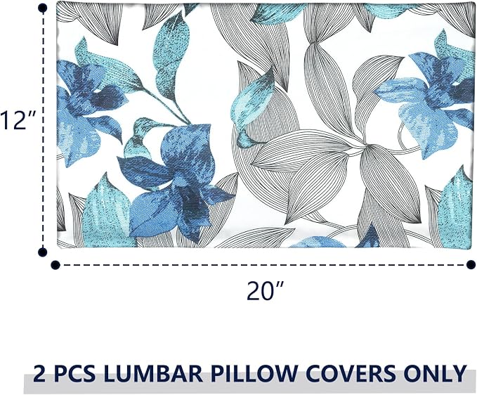Outdoor Lumbar Pillow Covers 12”x20”, Rectangle Throw Pillow Covers for Patio Furniture, Decorative Lumbar Cushion Case for Garden Balcony Couch Office Chair, Pack of 2, Clemens Noir Blue