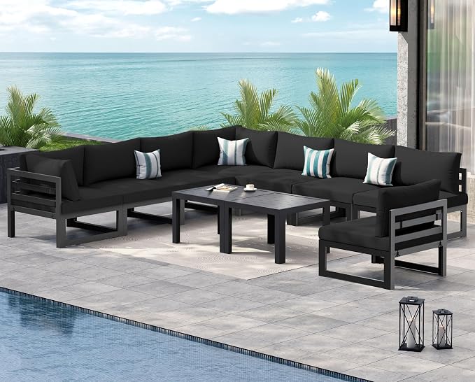 NICESOUL 10 Piece Oversized Modular Aluminum Outdoor Furniture Set, 29" Deep Wide Sectional Seating, 500 lbs High Weight Capacity Weather Resistant Patio Conversation Set for Backyard Poolside, Black